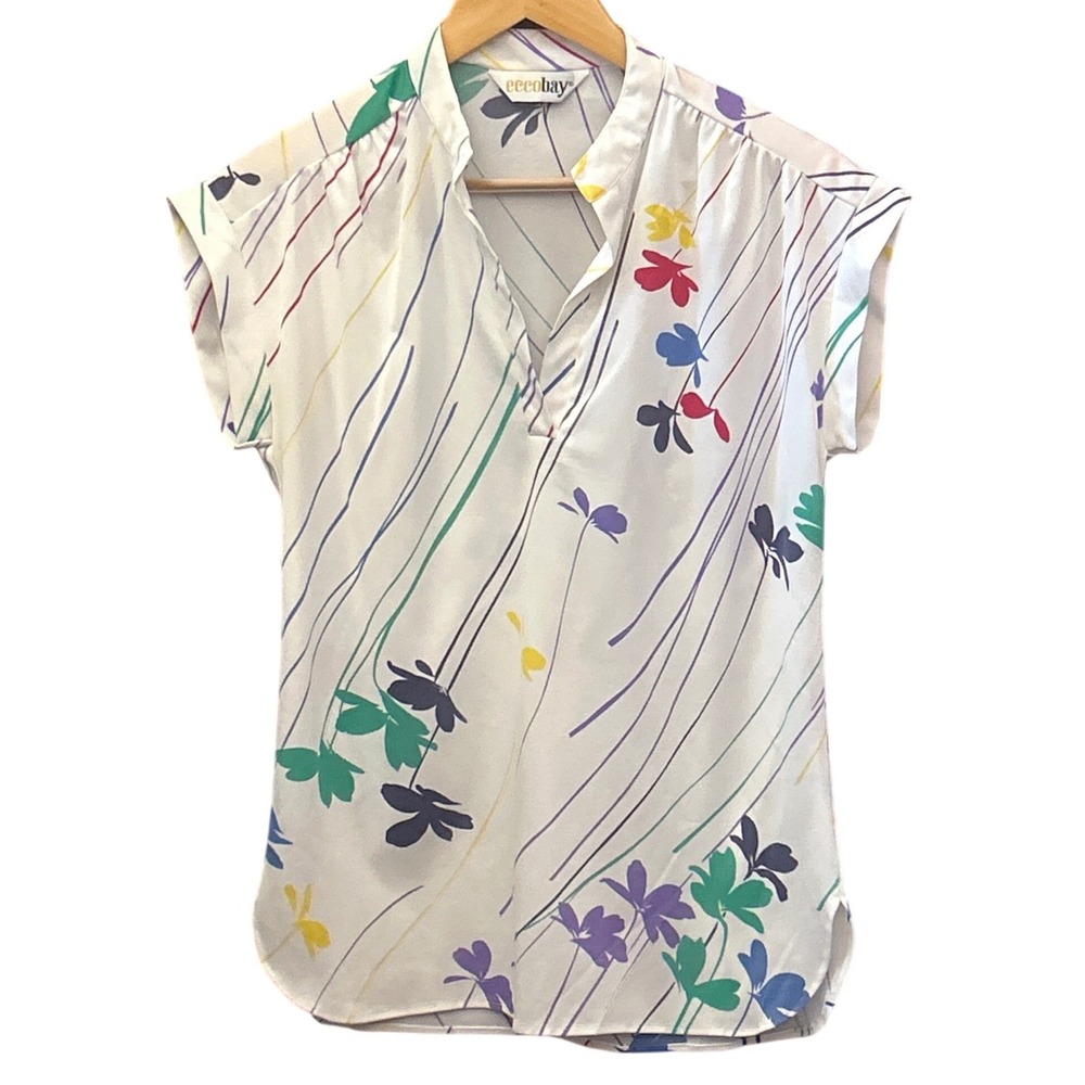 Vintage Eccobay Short Sleeve Blouse Retro Colorful Abstract Floral Art Deco